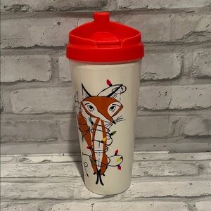 Kate Spade Cream Tumbler with Red Top fox with Christmas lights coffee mug